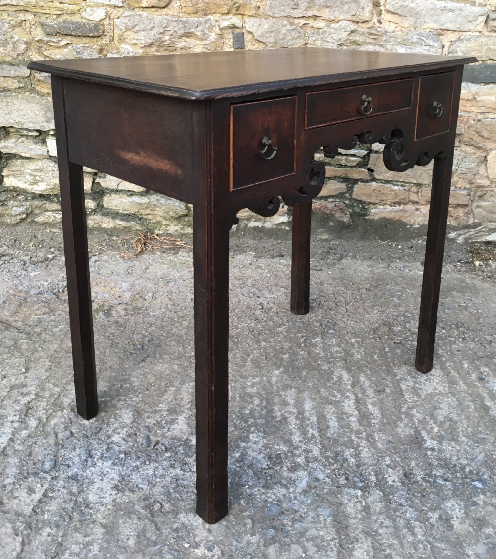 Antique 18th Century Oak Lowboy with Fretwork Frieze View IV