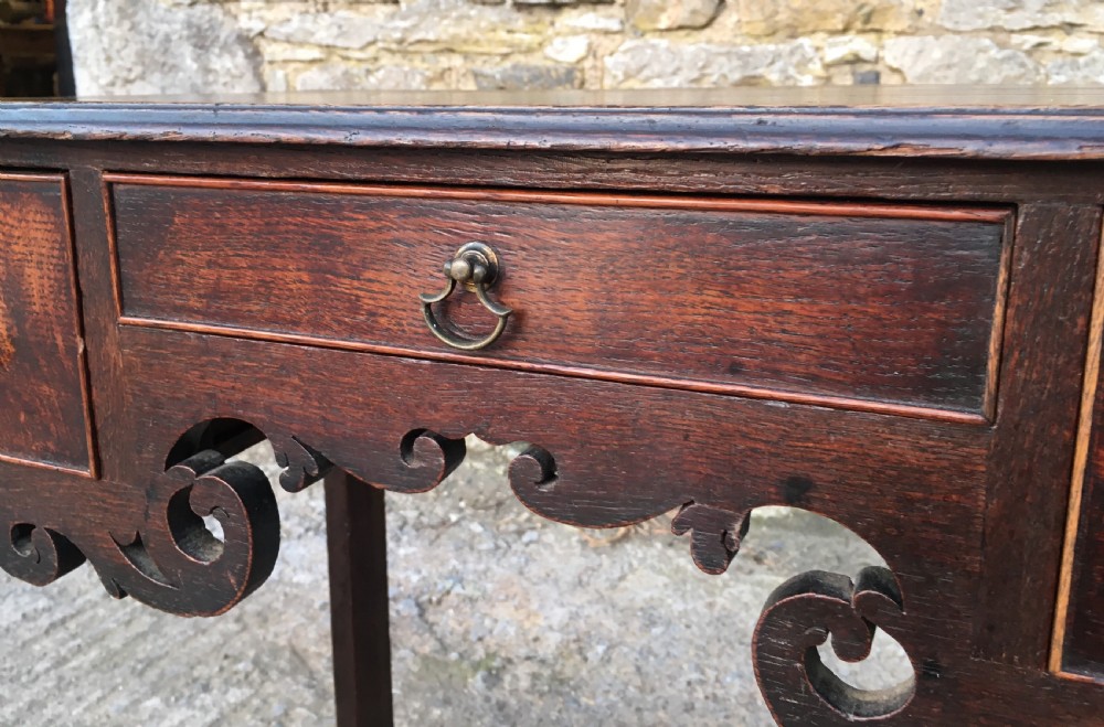 Antique 18th Century Oak Lowboy with Fretwork Frieze View XI