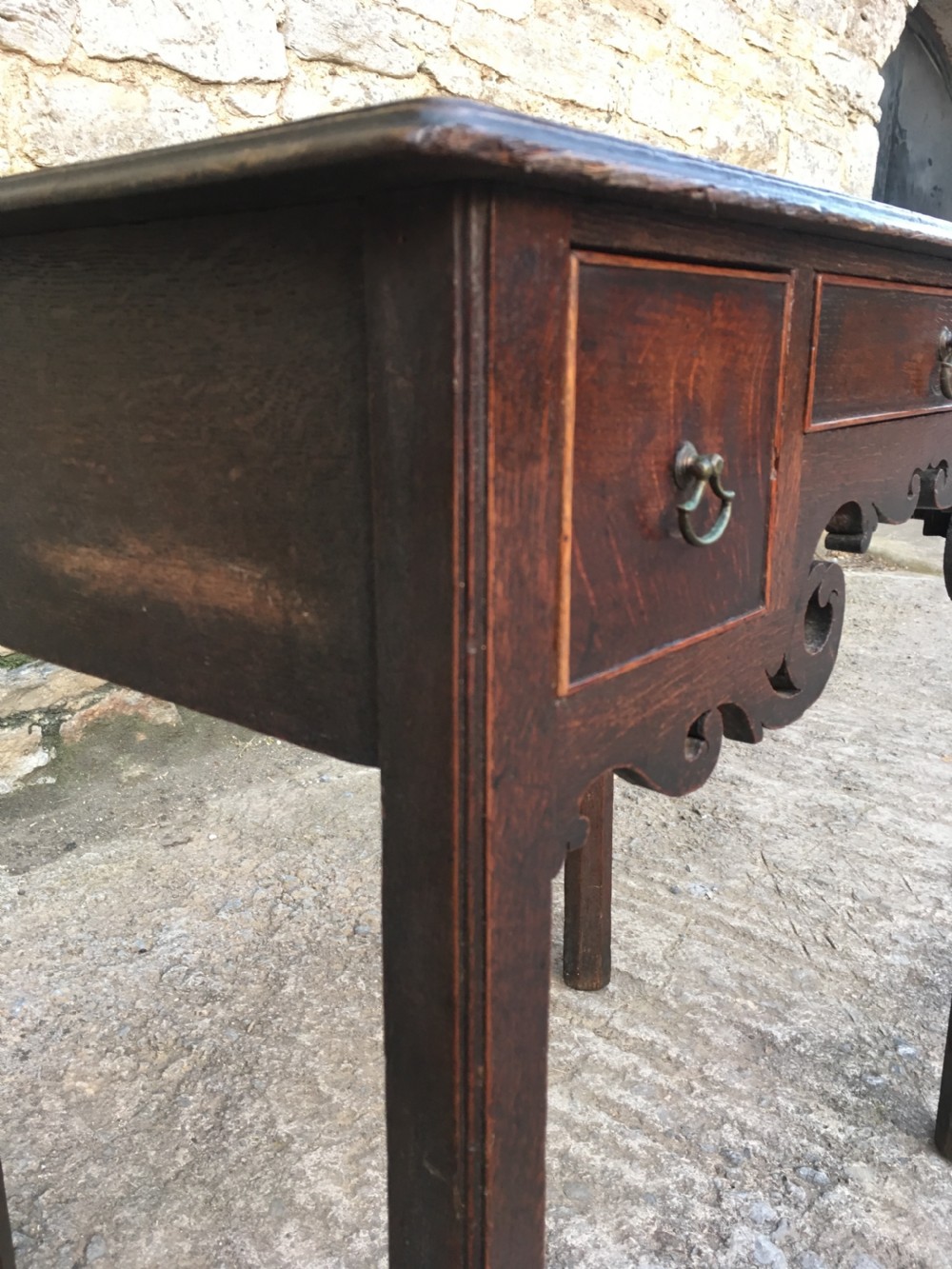 Antique 18th Century Oak Lowboy with Fretwork Frieze View XVI