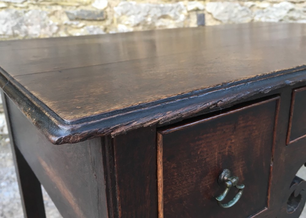 Antique 18th Century Oak Lowboy with Fretwork Frieze View XXI