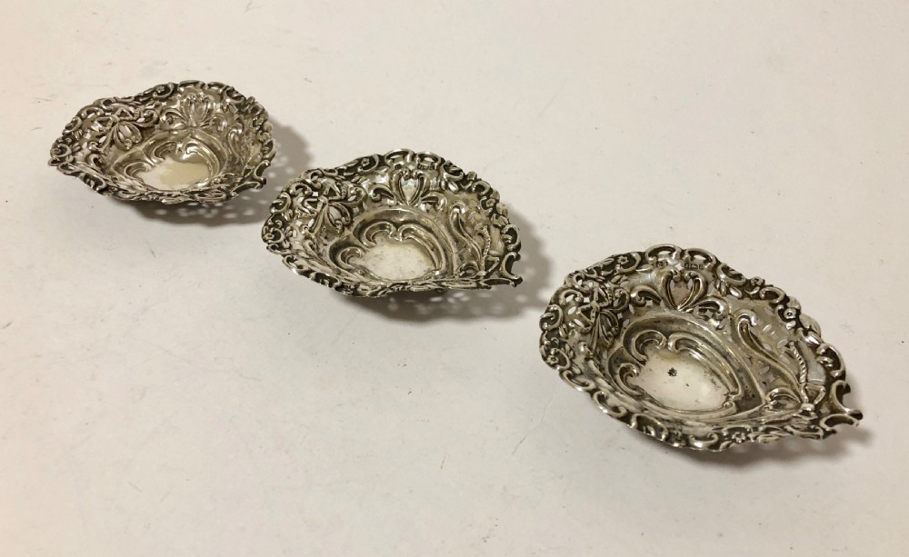 Set of 3 Antique Solid Sterling Silver Bon Bon Dishes Charles Horner View V