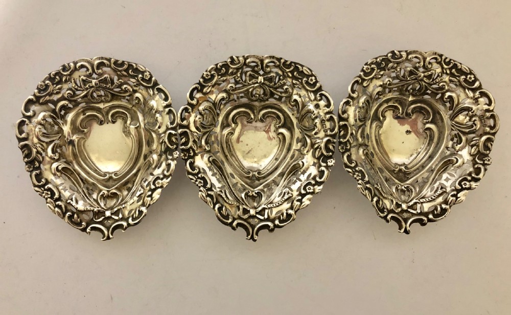 Set of 3 Antique Solid Sterling Silver Bon Bon Dishes Charles Horner View VIII