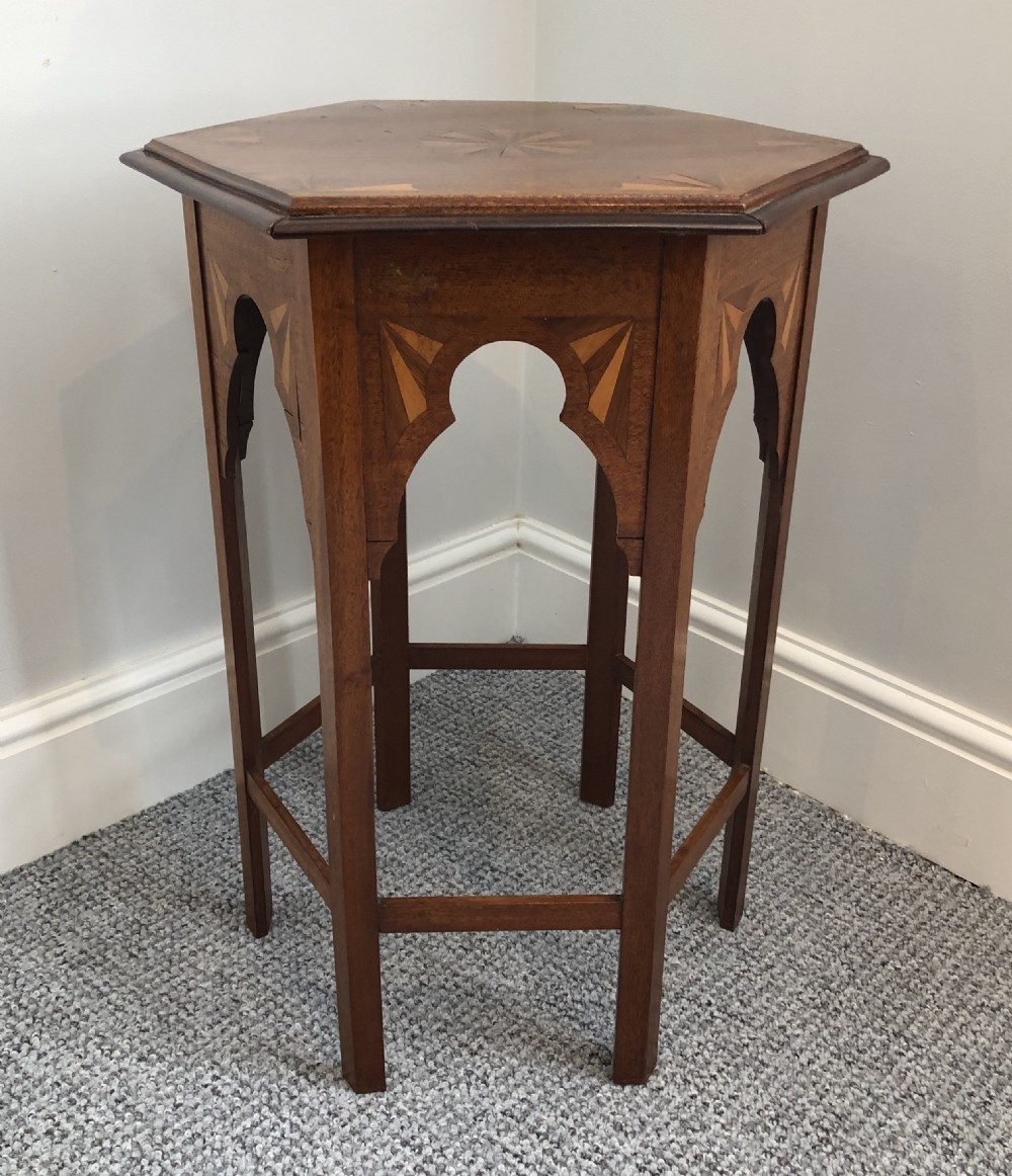 Antique Arts and Crafts Hexagonal Moorish Style Inlaid Side Table 