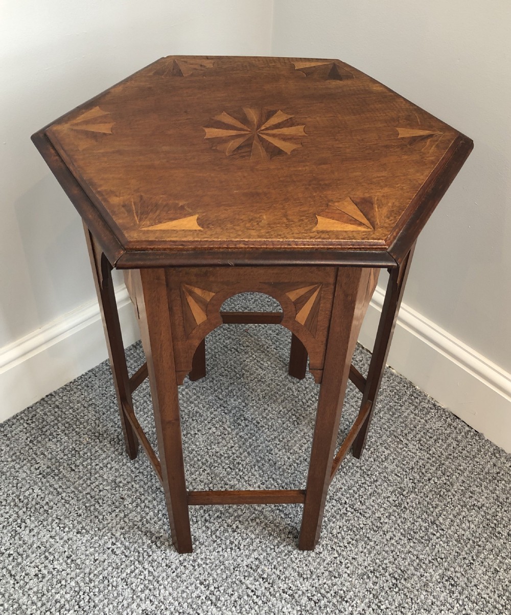 Antique Arts and Crafts Hexagonal Moorish Style Inlaid Side Table  View III