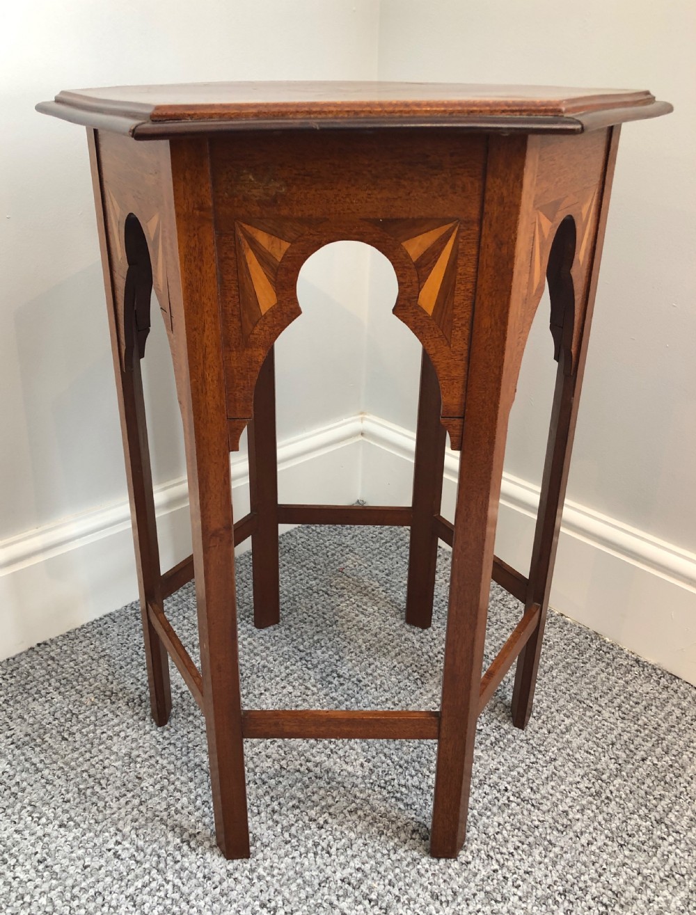 Antique Arts and Crafts Hexagonal Moorish Style Inlaid Side Table  View IV