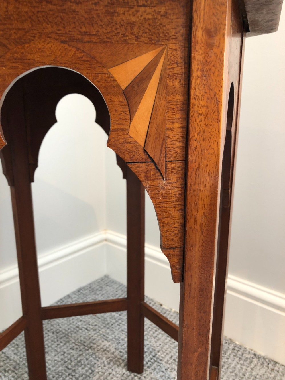 Antique Arts and Crafts Hexagonal Moorish Style Inlaid Side Table  View V