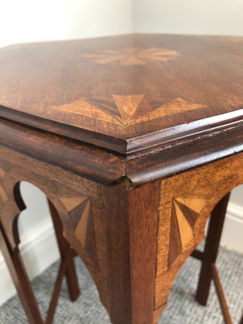 Antique Arts and Crafts Hexagonal Moorish Style Inlaid Side Table  View XI