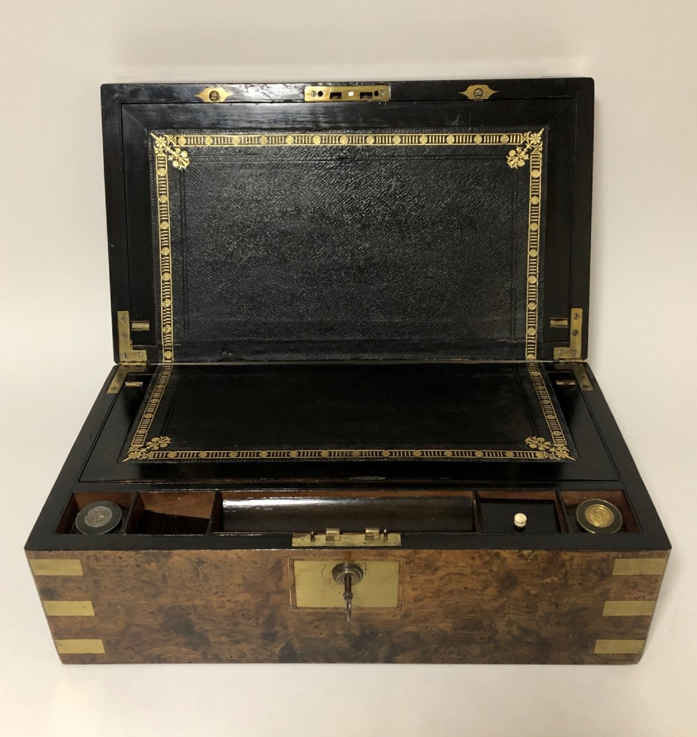 Superb Antique Victorian Burr Oak Writing Slope Box with Bramah Lock View VIII