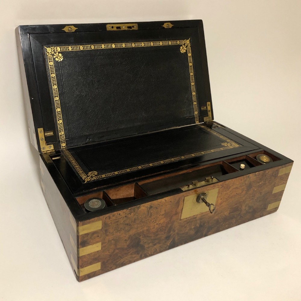 Superb Antique Victorian Burr Oak Writing Slope Box with Bramah Lock View X