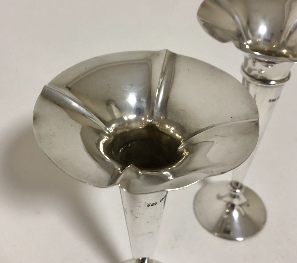 Pair of Antique Solid Sterling Trumpet Vases View II