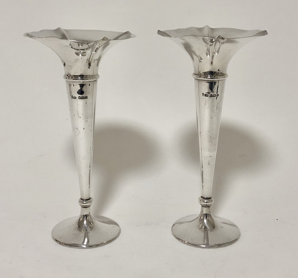 Pair of Antique Solid Sterling Trumpet Vases
