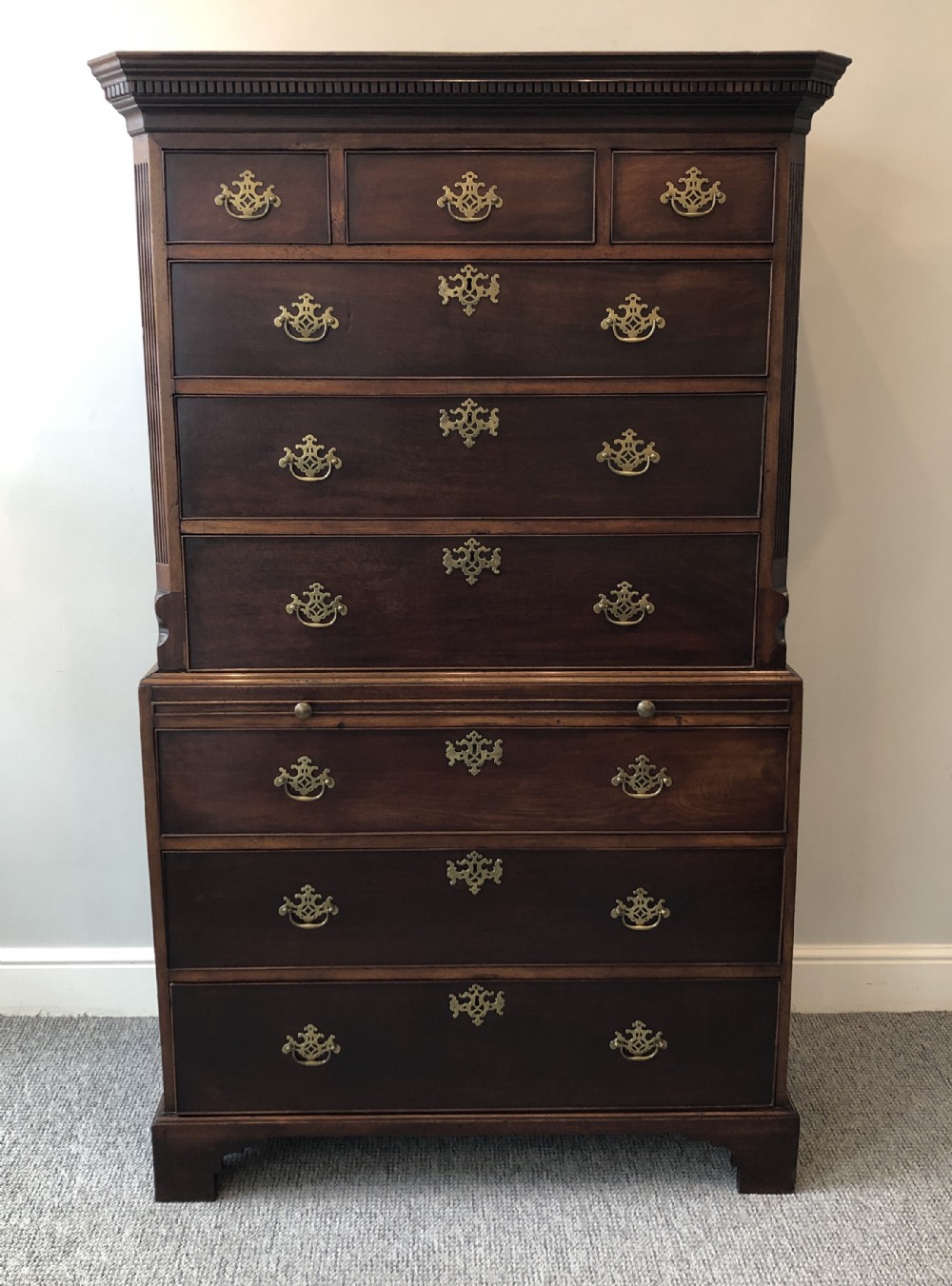 Antique Georgian Mahogany Chest on Chest with Brushing Slide