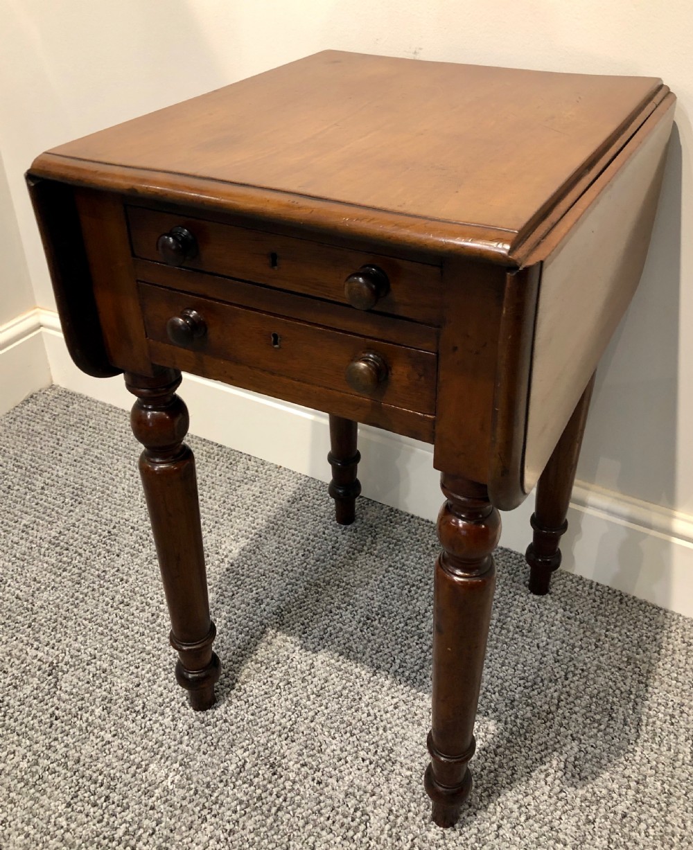 Small Antique Victorian Two Drawer Drop Flap Work Table View VI