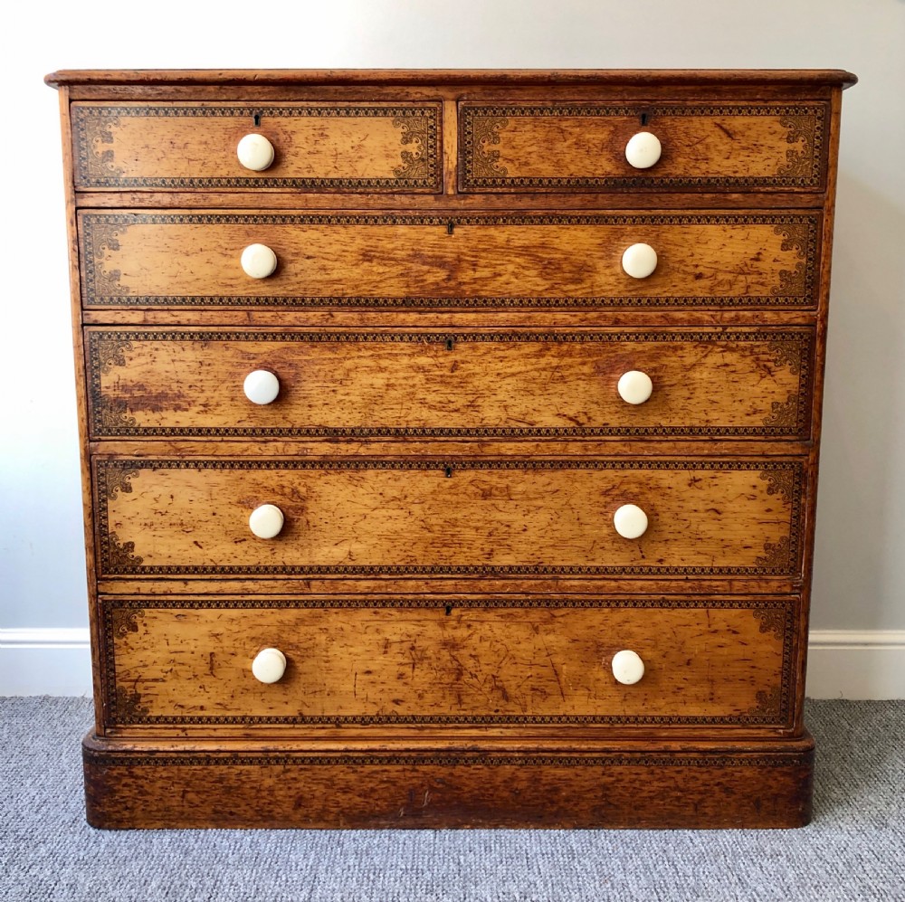 Large Victorian Pine Chest of Drawers with Original Painted Decoration