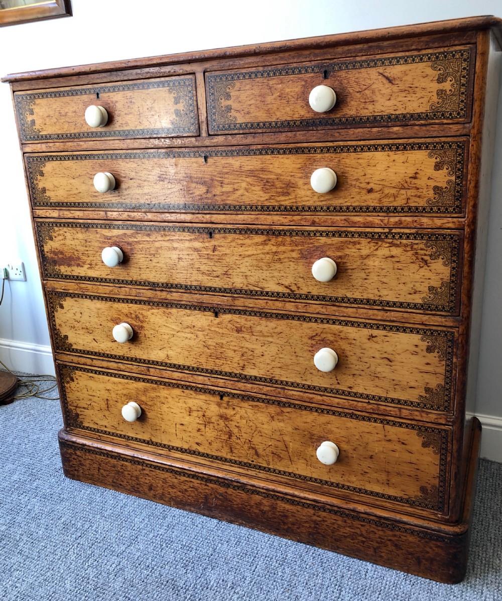 Large Victorian Pine Chest of Drawers with Original Painted Decoration View V