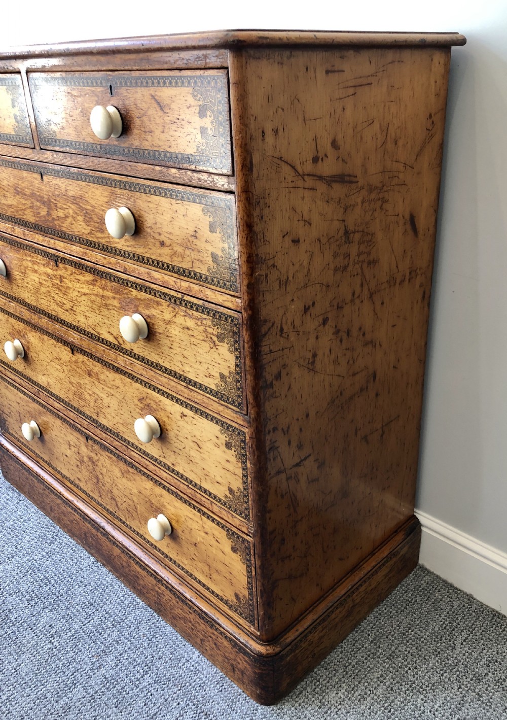 Large Victorian Pine Chest of Drawers with Original Painted Decoration View VI