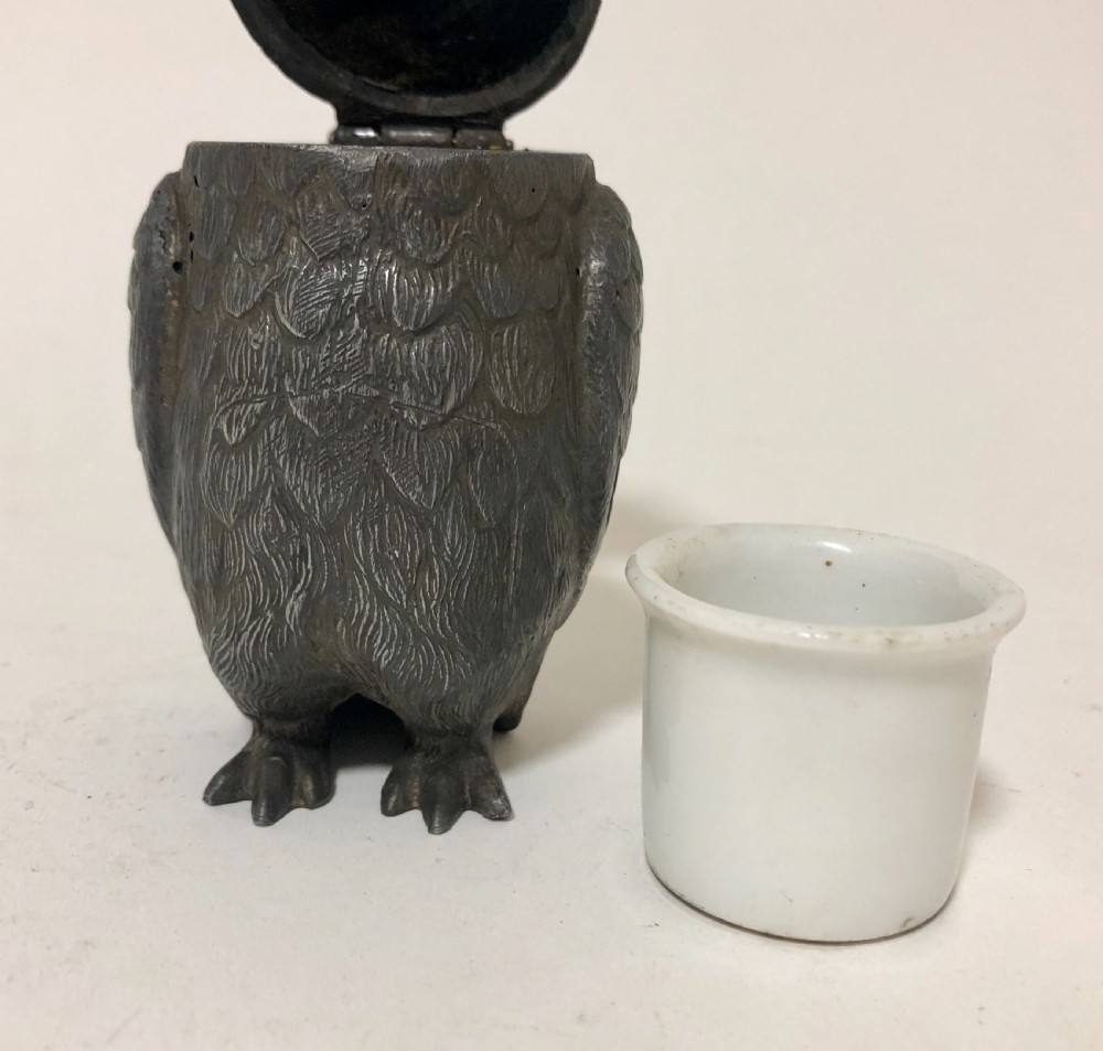 Antique Victorian Novelty Spelter Owl Inkwell View X