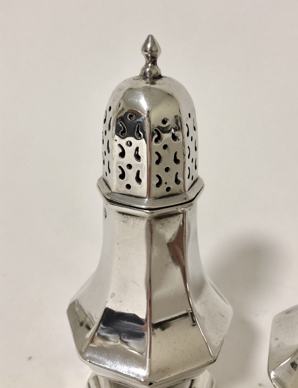 Pair of Antique Solid Silver Salt and Pepper Shakers View V