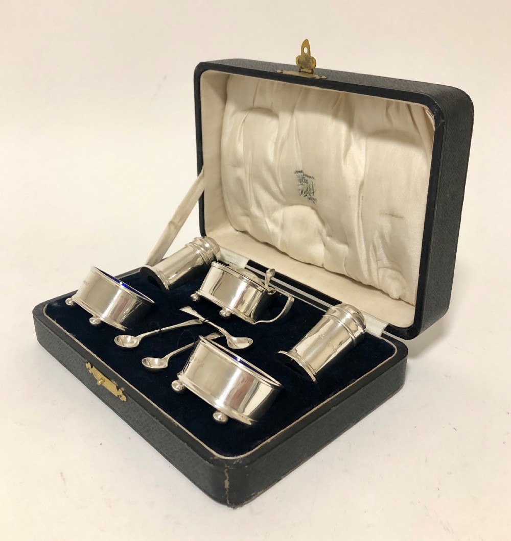 Antique Solid Silver 5 Piece Condiment Cruet Set in Fitted Case View XX