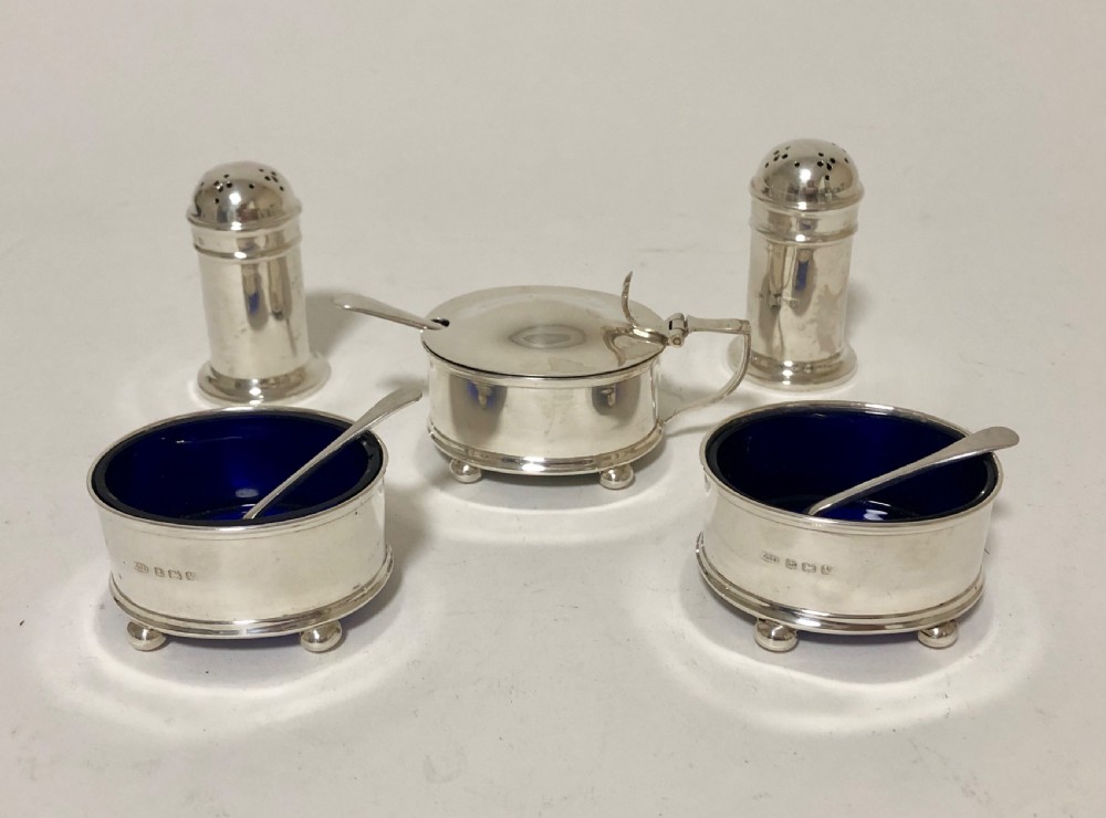 Antique Solid Silver 5 Piece Condiment Cruet Set in Fitted Case View XXII