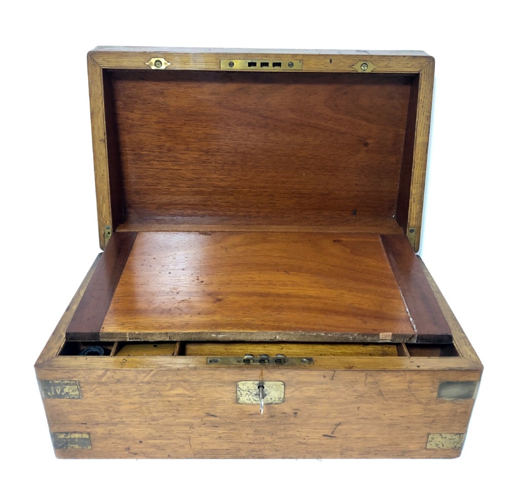 Antique Victorian Oak and Brass Bound Writing Slope View X
