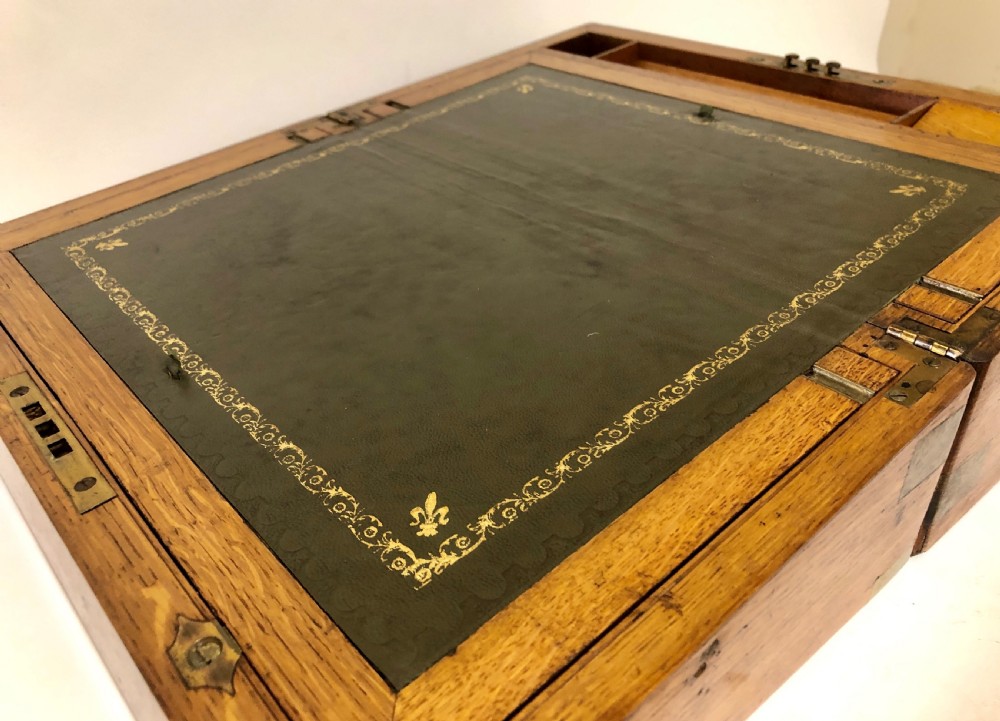 Antique Victorian Oak and Brass Bound Writing Slope View XII