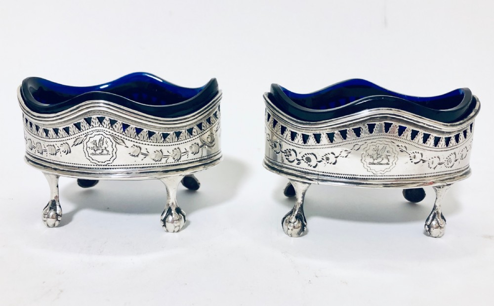 Pair of Georgian Silver Salt Cellars with Blue Glass Liners