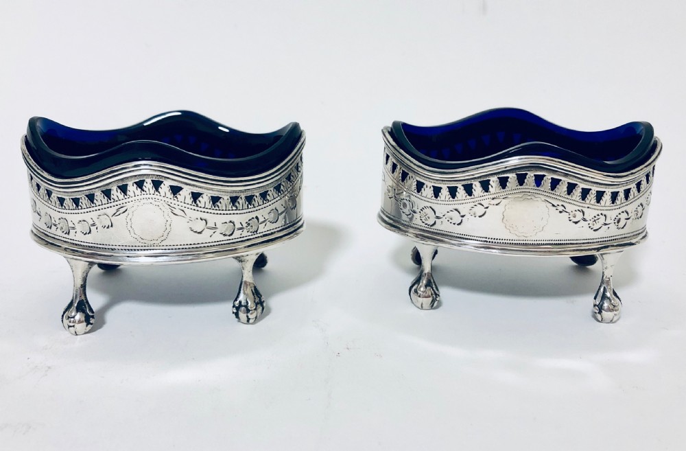 Pair of Georgian Silver Salt Cellars with Blue Glass Liners View III