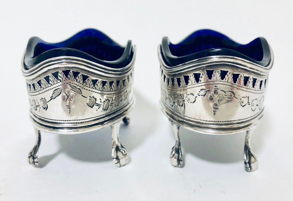 Pair of Georgian Silver Salt Cellars with Blue Glass Liners View IV