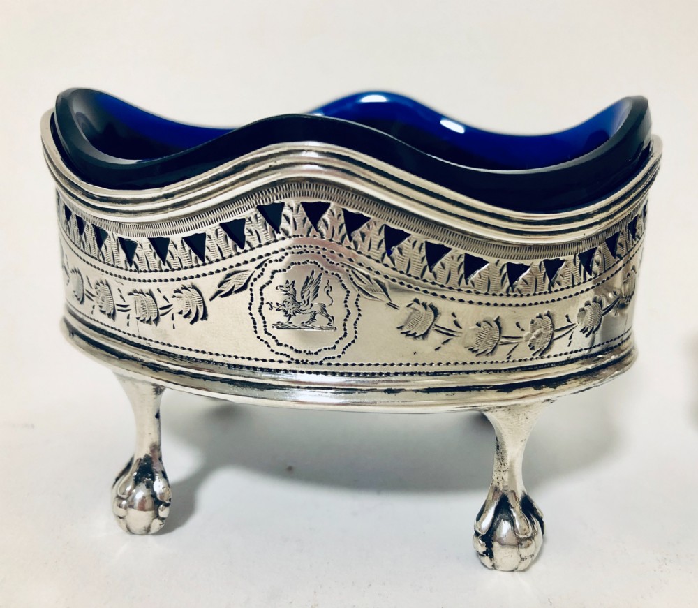 Pair of Georgian Silver Salt Cellars with Blue Glass Liners View V