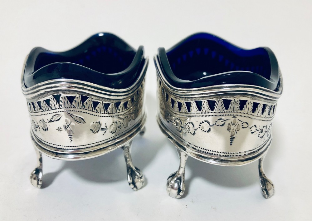 Pair of Georgian Silver Salt Cellars with Blue Glass Liners View VI