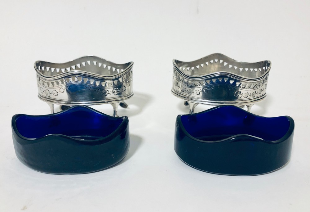 Pair of Georgian Silver Salt Cellars with Blue Glass Liners View X