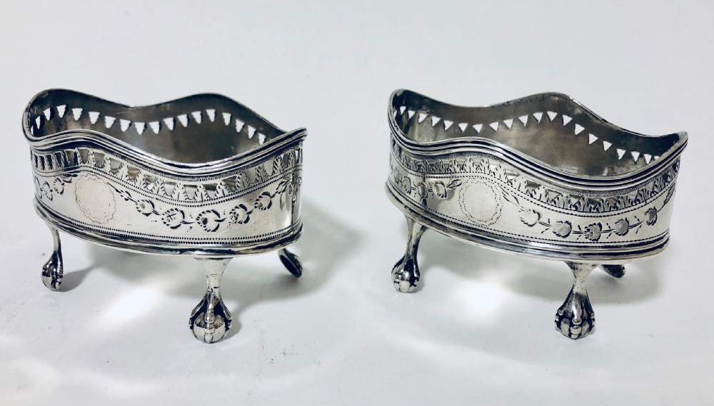 Pair of Georgian Silver Salt Cellars with Blue Glass Liners View XI