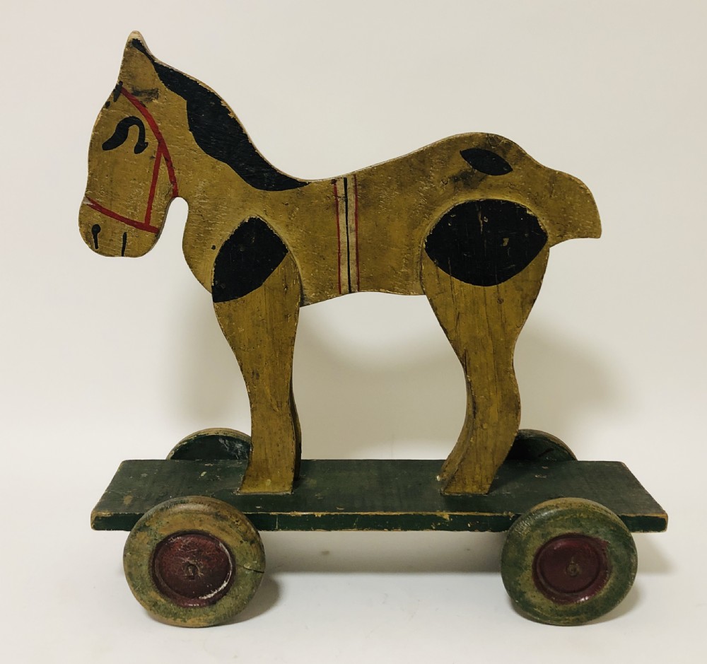 Antique Wooden Pull Along Toy Horse on Wheels