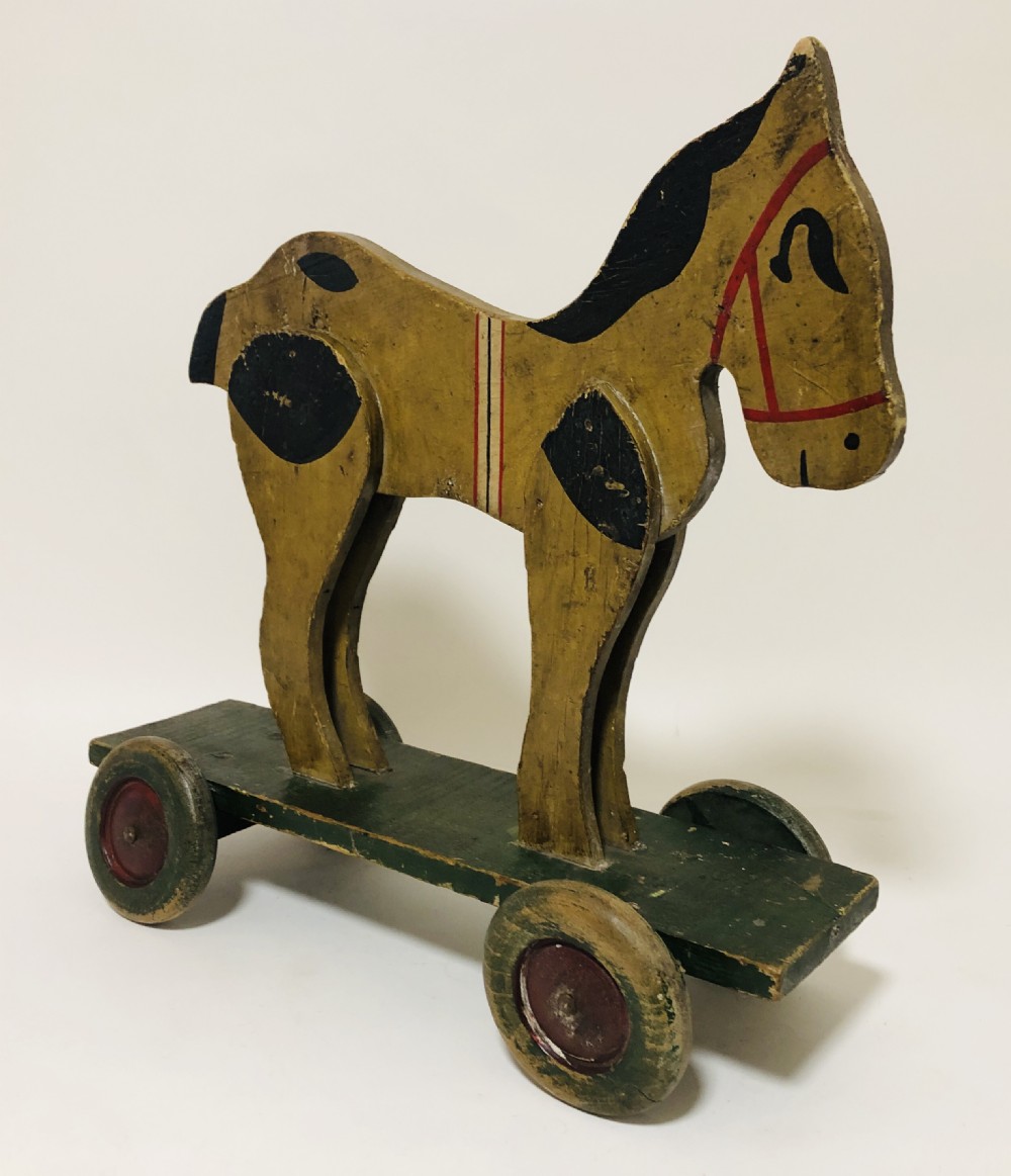Antique Wooden Pull Along Toy Horse on Wheels View V