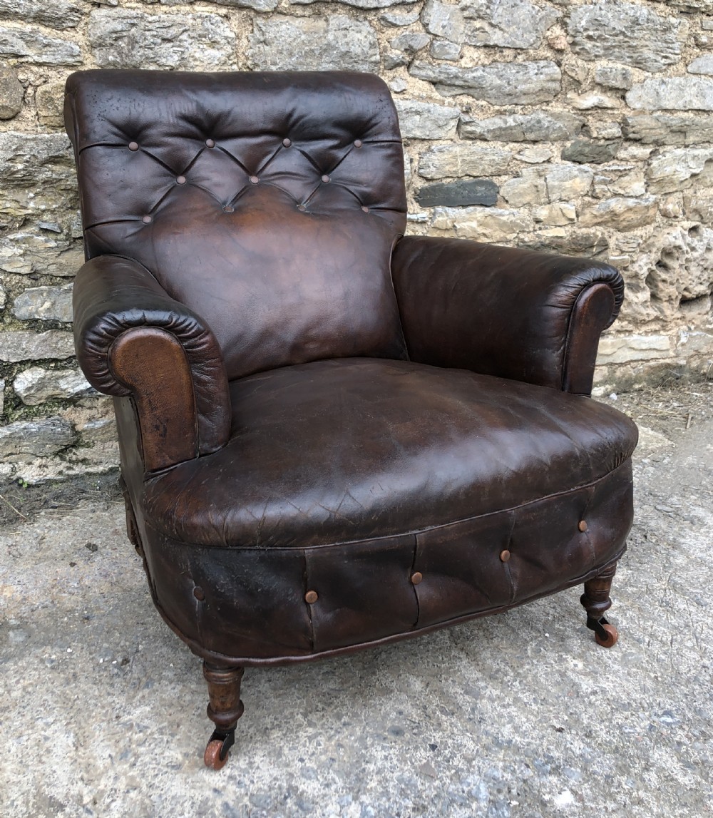 Antique Victorian English Leather Library Chair 