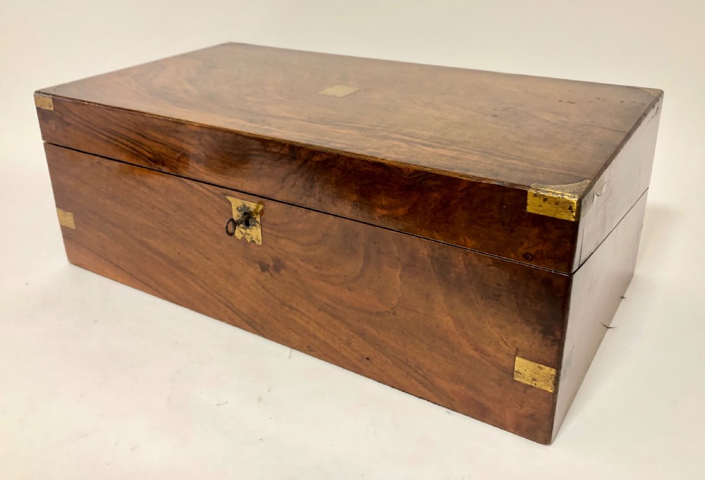 Antique Victorian Brass Bound Writing Slope Box with Key View X