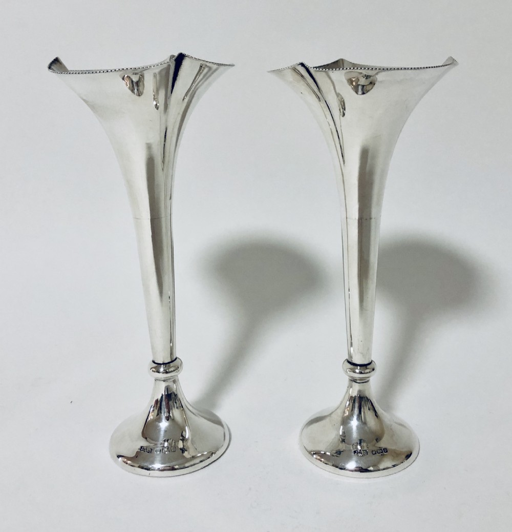 Pair of Antique Solid Silver Trumpet Vases