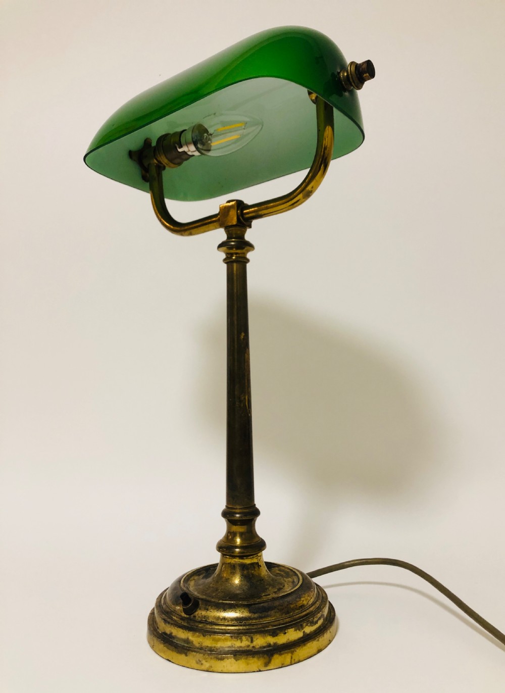 Antique Brass Bankers Desk Lamp with Green Glass Shade View V