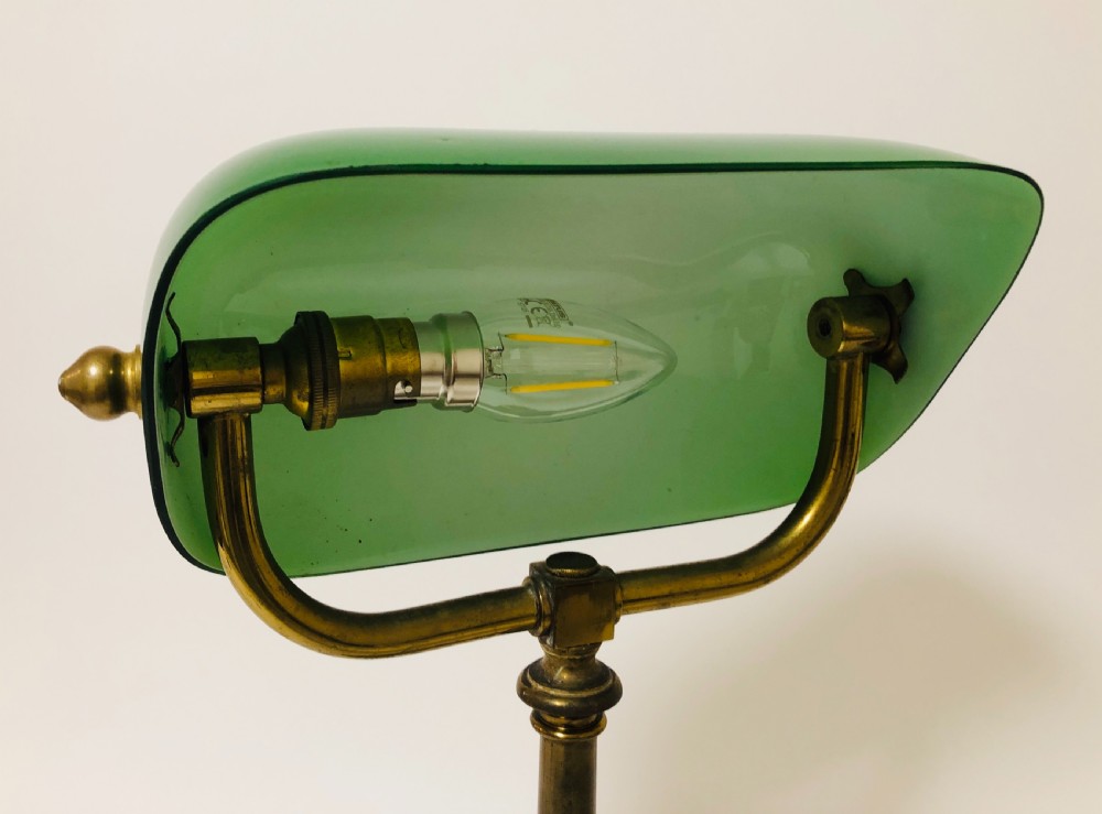 Antique Brass Bankers Desk Lamp with Green Glass Shade View XI