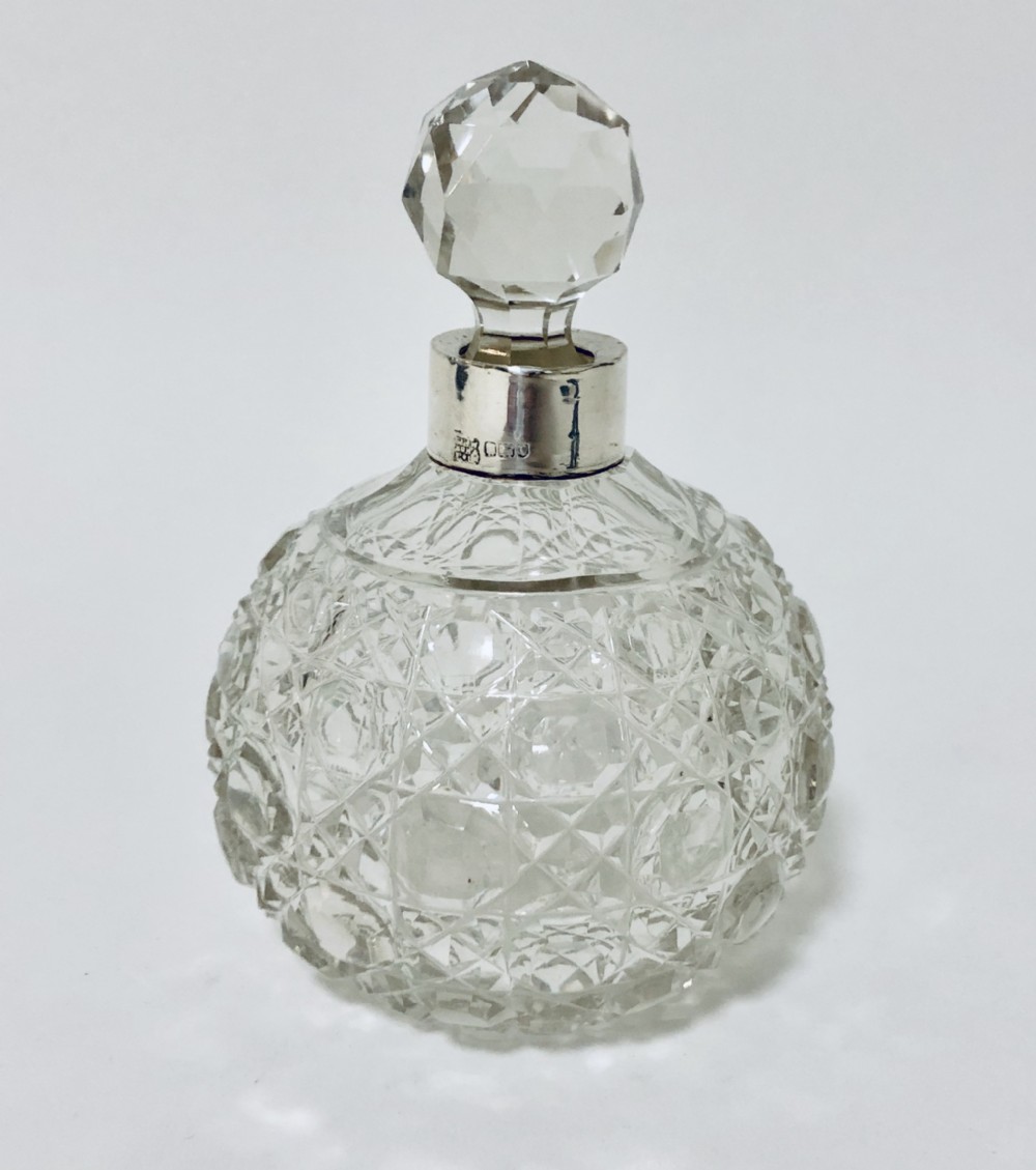 Large Antique Edwardian Cut Glass Scent Bottle with Solid Silver Collar