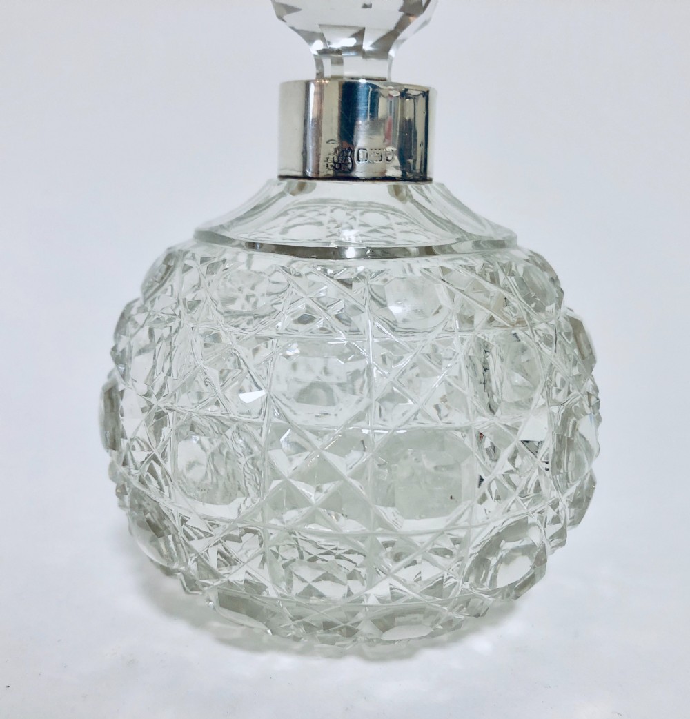 Large Antique Edwardian Cut Glass Scent Bottle with Solid Silver Collar View II