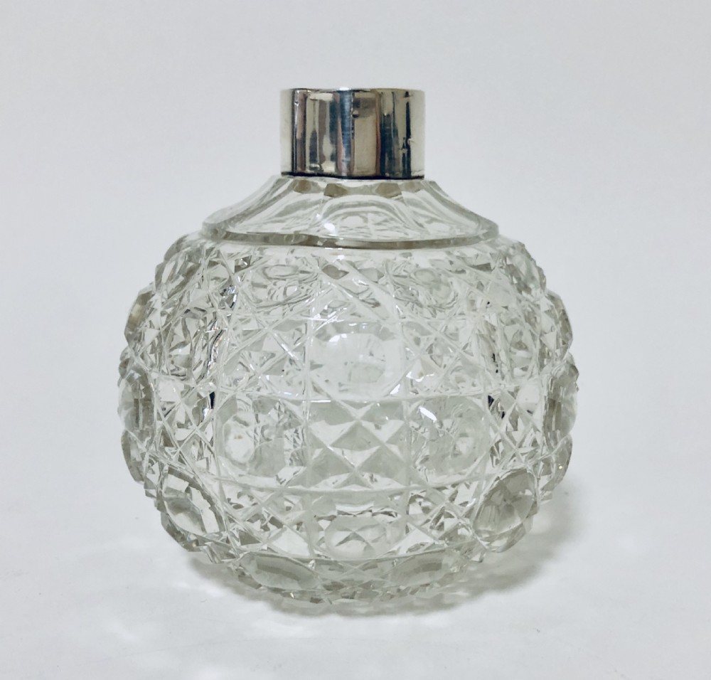 Large Antique Edwardian Cut Glass Scent Bottle with Solid Silver Collar View V