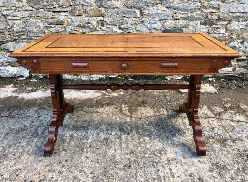 Victorian Gothic Revival Oak Library Table with Coromandel Inlay