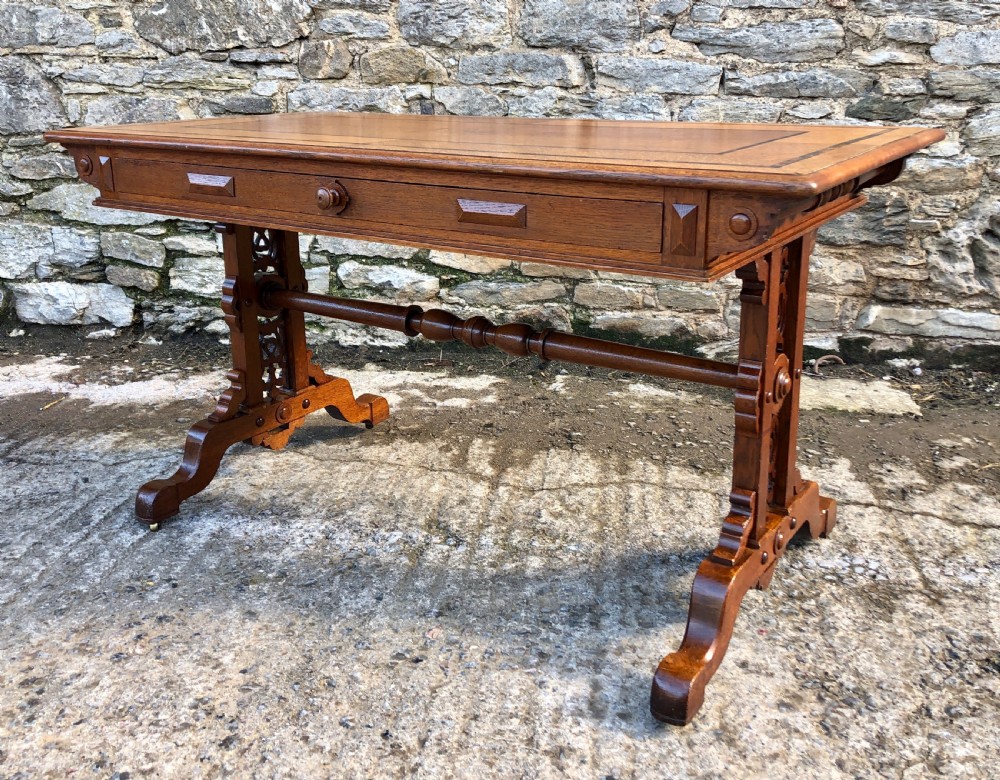 Victorian Gothic Revival Oak Library Table with Coromandel Inlay View III