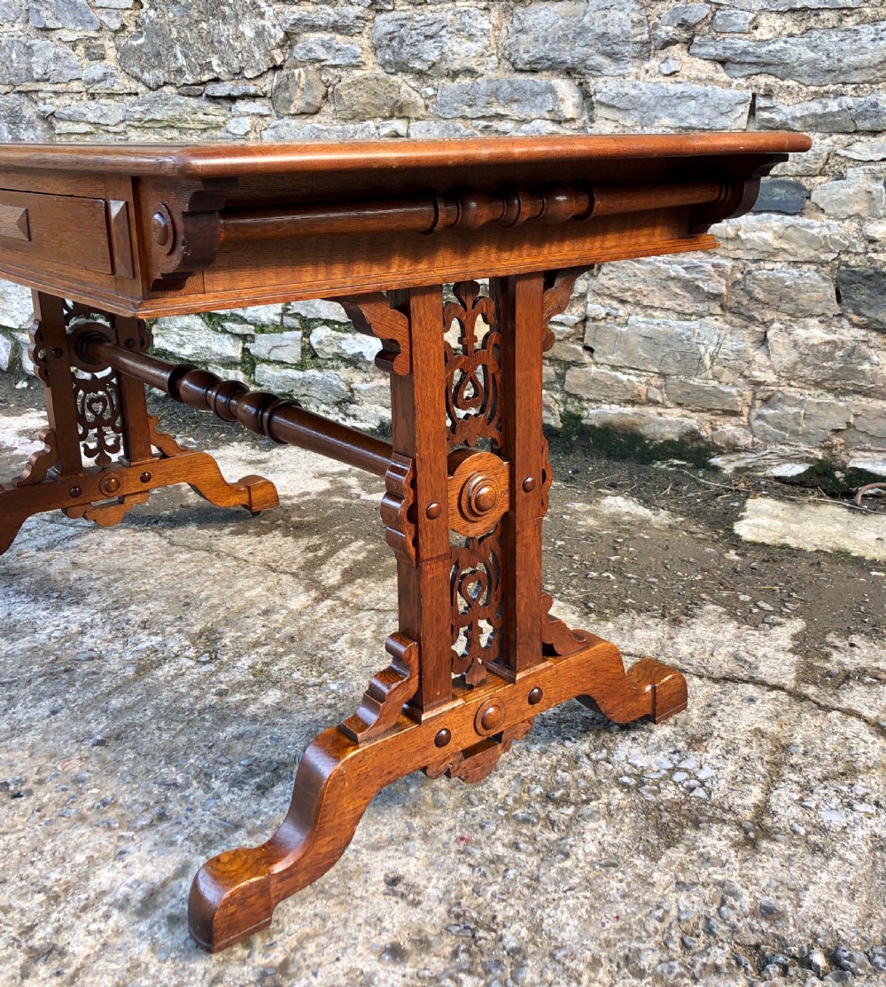 Victorian Gothic Revival Oak Library Table with Coromandel Inlay View IV