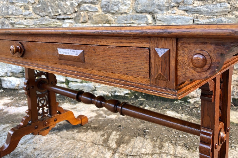 Victorian Gothic Revival Oak Library Table with Coromandel Inlay View V