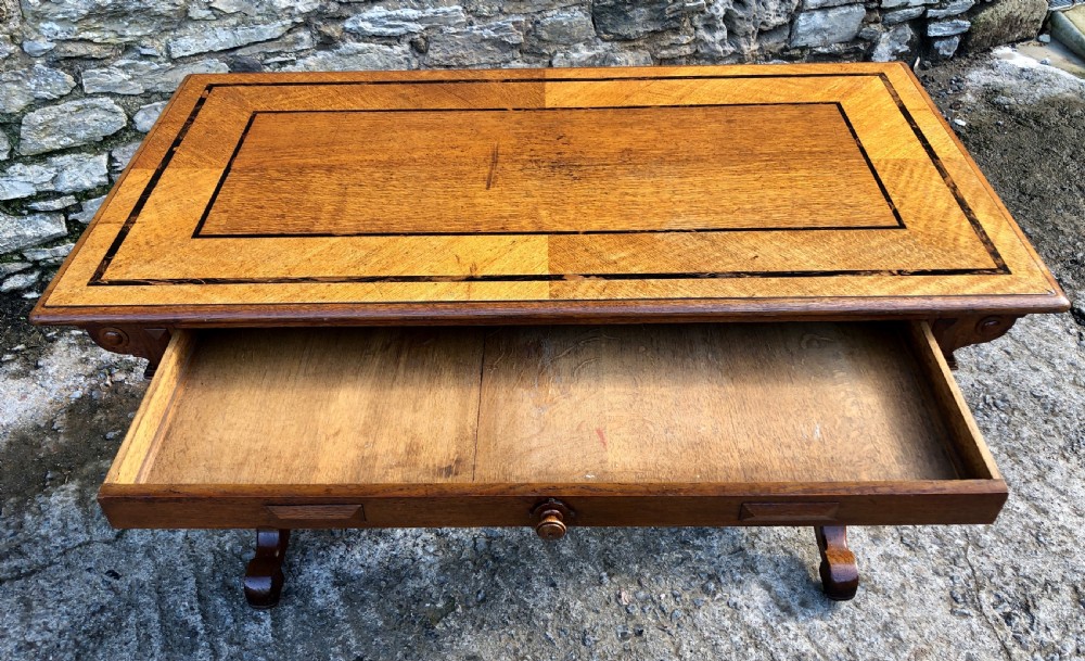 Victorian Gothic Revival Oak Library Table with Coromandel Inlay View VI