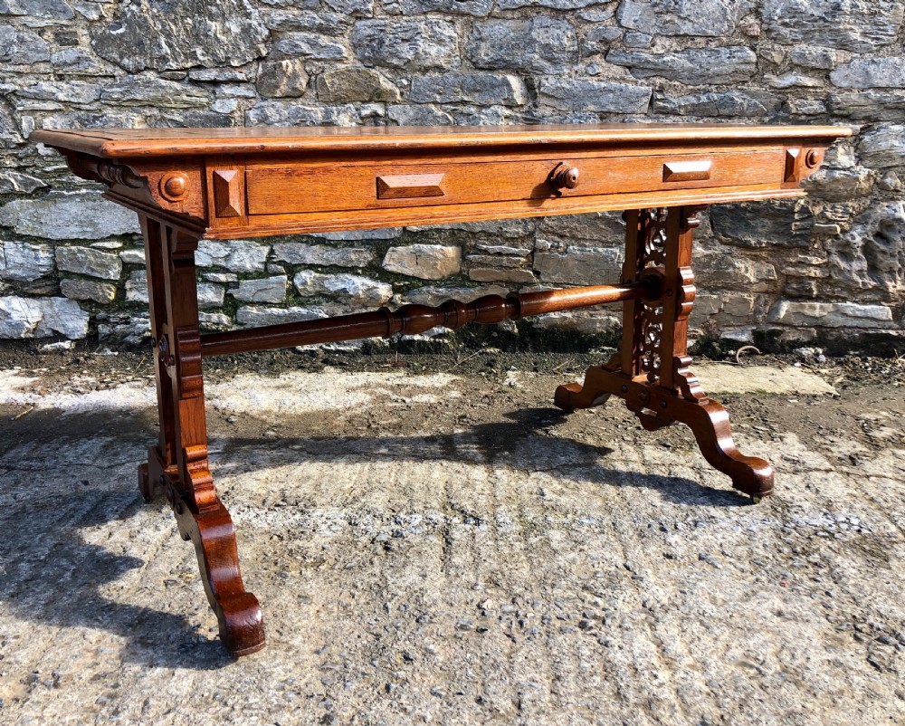Victorian Gothic Revival Oak Library Table with Coromandel Inlay View VIII