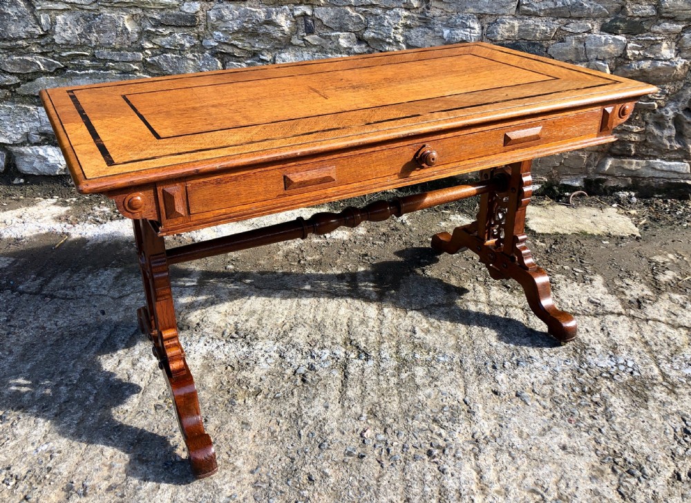 Victorian Gothic Revival Oak Library Table with Coromandel Inlay View IX